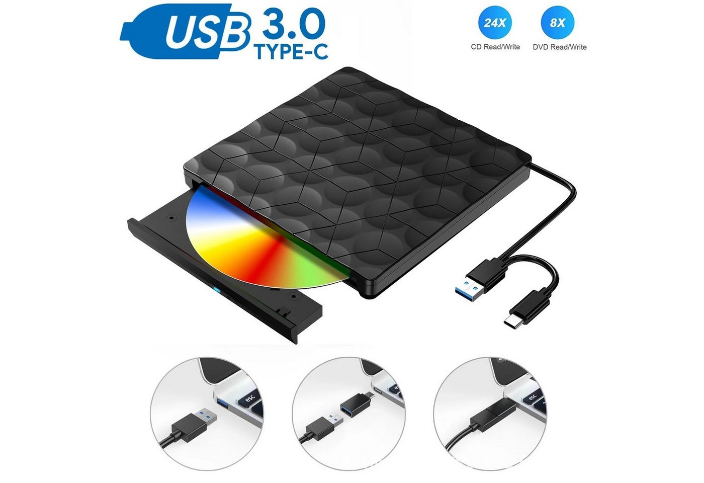 Daskoo Externe CD DVD Laufwerk, Portable Brenner mit USB 3.0 und Type-C externe HDD-Festplatte, DVD-Brenner von Daskoo