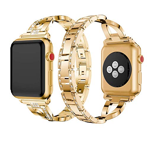 Vlokomz Metall-Manschetten-Armband mit glitzernden Strasssteinen, X-Link, glitzernd, Armband für Apple Watch, 38 mm, 40 mm, 41 mm, 42 mm, Damen-Serie 10, 9, 8, 7, 6, 5, 4, 3, 2, 1, SE, Gold von Dassions