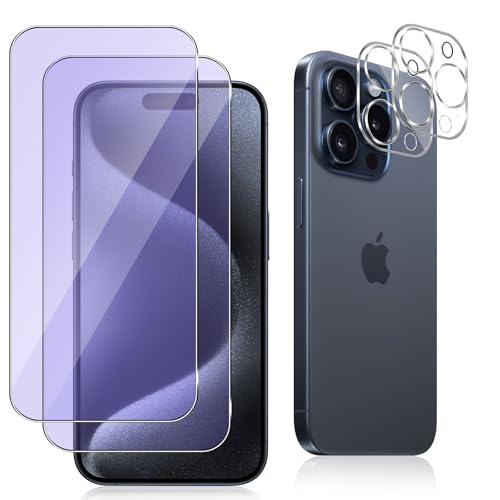 Datree für Panzerglas für iPhone 15 Pro (6,1 Zoll), 2+2 Stück Anti-Blaulicht-Bildschirmschutzfolie + Kamera Schutzfolie,【Augenpflege】 9H Härte Panzer Schutz Glas Folie Schutzglas Schutzfolie von Datree