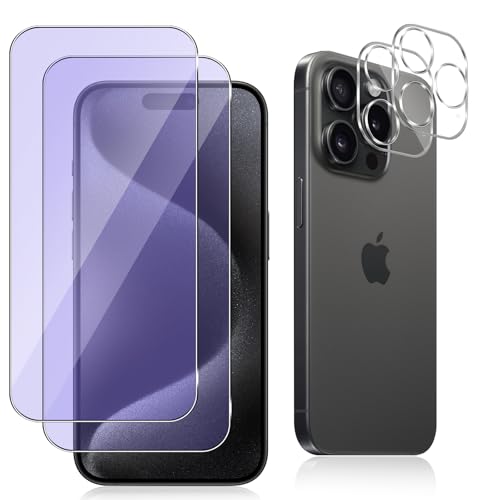 Datree für Panzerglas für iPhone 15 Pro Max (6,7 Zoll), 2+2 Stück Anti-Blaulicht-Bildschirmschutzfolie + Kamera Schutzfolie,【Augenpflege】 9H Härte Panzer Schutz Glas Folie Schutzglas Schutzfolie von Datree
