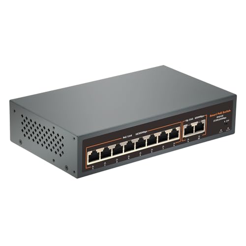 Davuaz 10 Port PoE Switch mit 8 POE+ Ports und 2 Gigabit Uplink Ports, IEEE802.3af/at konform, bis zu 120W, 250m verlängert, Metall Design, Unmanaged Power Over Ethernet Switch, Plug and Play von Davuaz