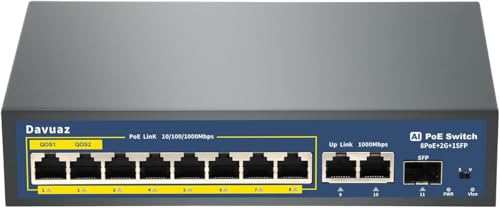 Davuaz Gigabit PoE Switch mit 8 POE+ Port, 2 Gigabit Uplink Port und 1 SFP Port, IEEE802.3af/at konform, bis zu 120W, Metalldesign, ungemanaged Power Over Ethernet Switch, Plug and Play Davuaz Gigabit PoE Switch mit 8 POE+ Port, 2 Gigabit Uplink Port und 1 SFP Port, IEEE802.3af/at konform, bis zu 120W, Metalldesign, ungemanaged Power Over Ethernet Switch, Plug and Play von Davuaz