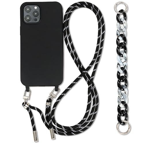 Dawnieee Handykette Hülle mit Armband iPhone 15 ProMax Necklace Handyhülle Schutzhülle Silikon Bumper Case Nylon Schultergurt Silikon für iPhone 15 ProMax 6.7" Cover schwarz von Dawnieee