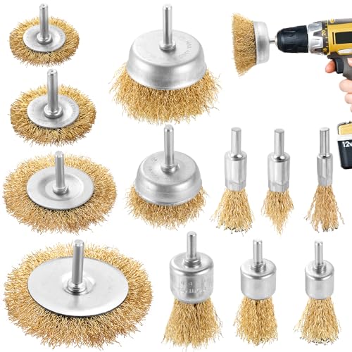 DazSpirit 12-teiliges Drahtbürste Bohrmaschine Set, Messingbeschichteter Stahlbürste Akkuschrauber und Messingbürste Bohrmaschine mit 1/4-Zoll-topfbürsten-Kit zum Entfernen von Rost/Korrosion/Farbe von DazSpirit