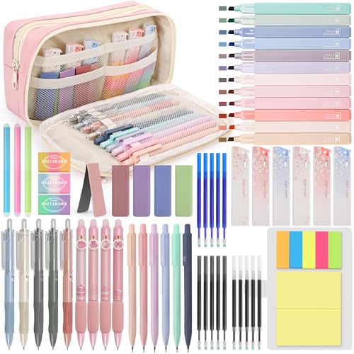 DazSpirit 61 Stück Schulzubehör mit Mäppchen, 12 Textmarker Pastell, 4 Radierbarer Stifte, 5 Gel Stifte, 6 Druckbleistifte, Back To School Stuff, Office Essentials, Schreibwaren Set für Schüler (Rosa) von DazSpirit