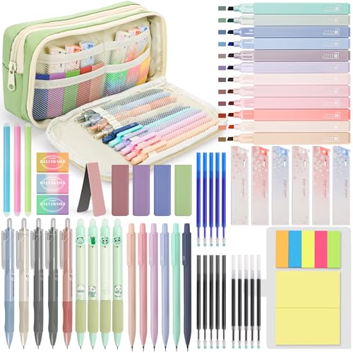 DazSpirit 61 Stück Schulzubehör mit Mäppchen, 12 Textmarker Pastell, 4 Radierbarer Stifte, 5 Gel Stifte, 6 Druckbleistifte, Back To School Stuff, Office Essentials, Schreibwaren Set für Schüler (Grün) von DazSpirit