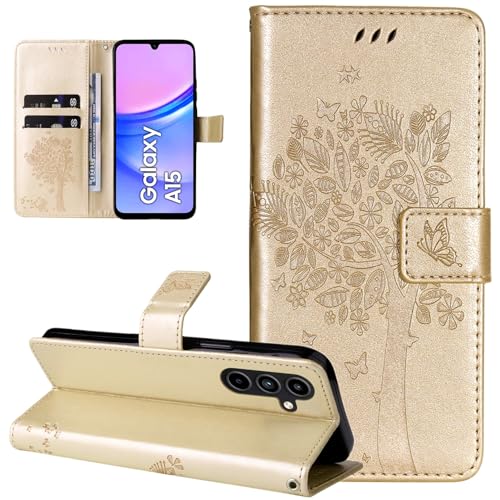 Dcjlbo Hülle für Samsung Galaxy A15 5G/4G Handyhülle mit Kartenfach Motiv Muster Blumen Hülle Leder Klappbar Klapphülle Cover Flip Case Handytasche Schutzhülle für Samsung Galaxy A15 5G/4G-Gold von Dcjlbo