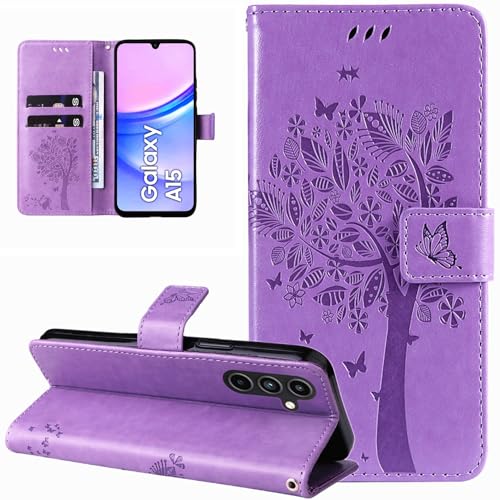 Dcjlbo Hülle für Samsung Galaxy A15 5G/4G Handyhülle mit Kartenfach Motiv Muster Blumen Hülle Leder Klappbar Klapphülle Cover Flip Case Handytasche Schutzhülle für Samsung Galaxy A15 5G/4G-Lila von Dcjlbo