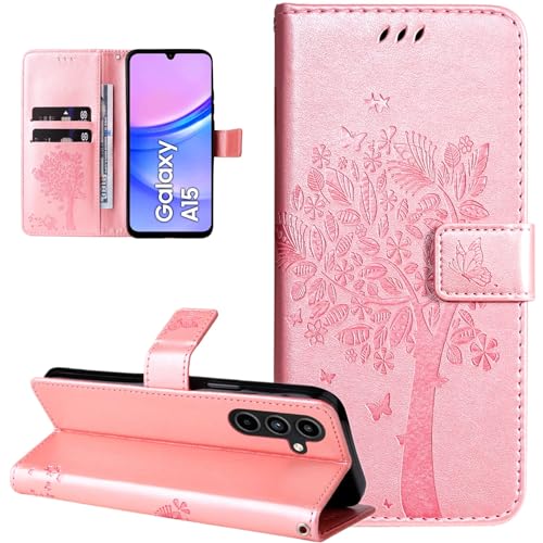 Dcjlbo Hülle für Samsung Galaxy A15 5G/4G Handyhülle mit Kartenfach Motiv Muster Blumen Hülle Leder Klappbar Klapphülle Cover Flip Case Handytasche Schutzhülle für Samsung Galaxy A15 5G/4G-Rose Gold von Dcjlbo