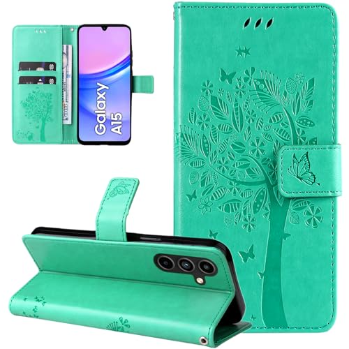 Dcjlbo Hülle für Samsung Galaxy A15 5G/4G Handyhülle mit Kartenfach Motiv Muster Blumen Hülle Leder Klappbar Klapphülle Cover Flip Case Handytasche Schutzhülle für Samsung Galaxy A15 5G/4G-Grün von Dcjlbo