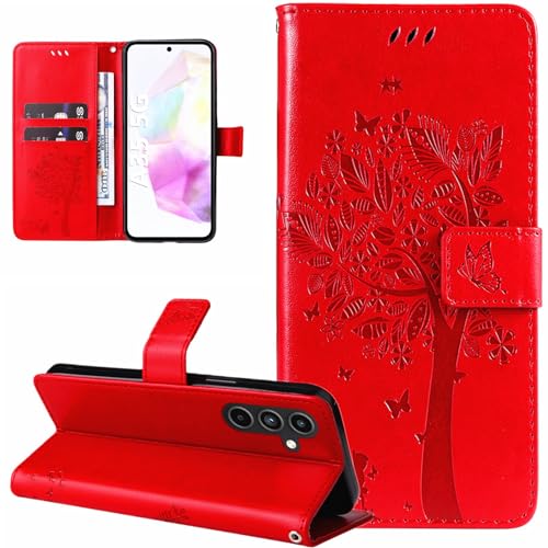 Dcjlbo Hülle für Samsung Galaxy A35 5G Handyhülle mit Kartenfach Motiv Muster Blumen Hülle Leder Klappbar Klapphülle Cover Flip Case Handytasche Magnet Schutzhülle für Samsung Galaxy A35 5G-Rot von Dcjlbo