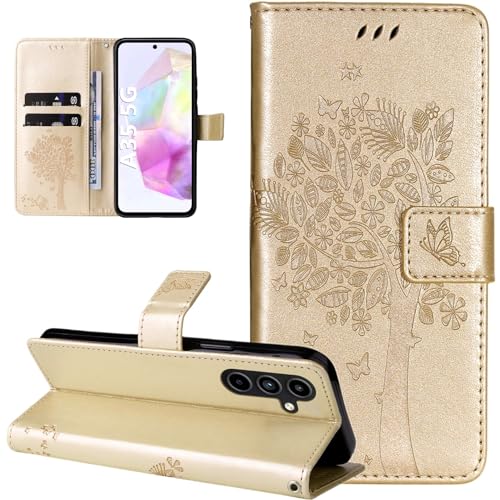 Dcjlbo Hülle für Samsung Galaxy A35 5G Handyhülle mit Kartenfach Motiv Muster Blumen Hülle Leder Klappbar Klapphülle Cover Flip Case Handytasche Magnet Schutzhülle für Samsung Galaxy A35 5G-Gold von Dcjlbo