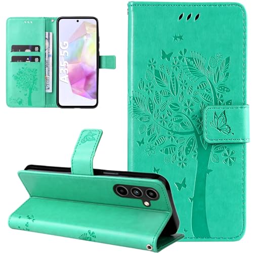 Dcjlbo Hülle für Samsung Galaxy A35 5G Handyhülle mit Kartenfach Motiv Muster Blumen Hülle Leder Klappbar Klapphülle Cover Flip Case Handytasche Magnet Schutzhülle für Samsung Galaxy A35 5G-Grün von Dcjlbo