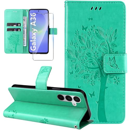 Dcjlbo Hülle für Samsung Galaxy A36 5G Handyhülle mit Schutzfolie Kartenfach Motiv Muster Hülle Leder Klappbar Klapphülle Cover Flip Case Handytasche Magnet Schutzhülle für Samsung A36 5G-Grün von Dcjlbo