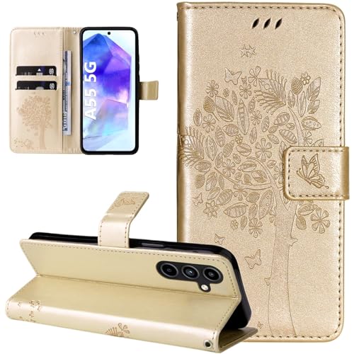 Dcjlbo Hülle für Samsung Galaxy A55 5G Handyhülle mit Kartenfach Motiv Muster Blumen Hülle Leder Klappbar Klapphülle Cover Flip Case Handytasche Magnet Schutzhülle für Samsung Galaxy A55 5G-Gold von Dcjlbo