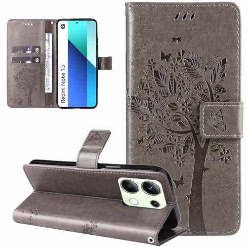 Dcjlbo Hülle für Xiaomi Redmi Note 13 4G Handyhülle mit Kartenfach Motiv Muster Blumen Hülle Leder Klappbar Klapphülle Cover Flip Case Handytasche Magnet Schutzhülle für Xiaomi Redmi Note 13 4G-Grau von Dcjlbo