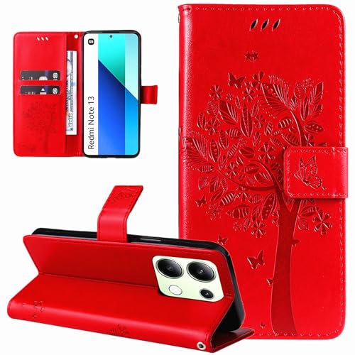 Dcjlbo Hülle für Xiaomi Redmi Note 13 4G Handyhülle mit Kartenfach Motiv Muster Blumen Hülle Leder Klappbar Klapphülle Cover Flip Case Handytasche Magnet Schutzhülle für Xiaomi Redmi Note 13 4G-Rot von Dcjlbo