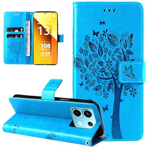 Dcjlbo Hülle für Xiaomi Redmi Note 13 5G Handyhülle mit Kartenfach Motiv Muster Blumen Hülle Leder Klappbar Klapphülle Cover Flip Case Handytasche Magnet Schutzhülle für Xiaomi Redmi Note 13 5G-Blau von Dcjlbo