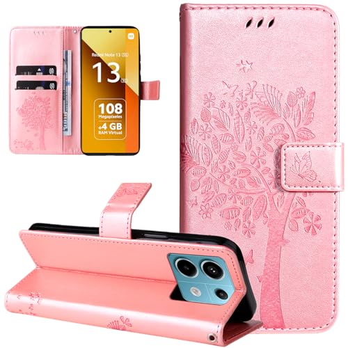 Dcjlbo Hülle für Xiaomi Redmi Note 13 5G Handyhülle mit Kartenfach Motiv Muster Blumen Hülle Leder Klappbar Klapphülle Cover Flip Case Handytasche Schutzhülle für Xiaomi Redmi Note 13 5G-Rose Gold von Dcjlbo