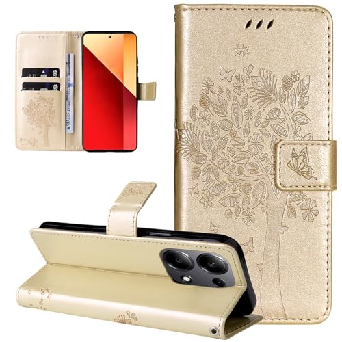 Dcjlbo Hülle für Xiaomi Redmi Note 13 Pro 4G Handyhülle mit Kartenfach Motiv Muster Blumen Hülle Leder Klappbar Klapphülle Cover Flip Case Handytasche Schutzhülle für Redmi Note 13 Pro 4G-Gold von Dcjlbo