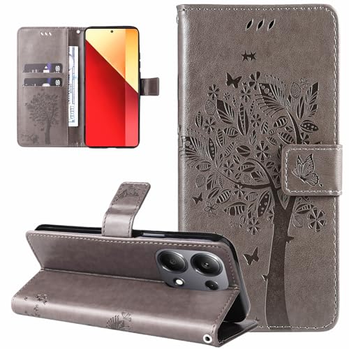 Dcjlbo Hülle für Xiaomi Redmi Note 13 Pro 4G Handyhülle mit Kartenfach Motiv Muster Blumen Hülle Leder Klappbar Klapphülle Cover Flip Case Handytasche Schutzhülle für Redmi Note 13 Pro 4G-Grau von Dcjlbo