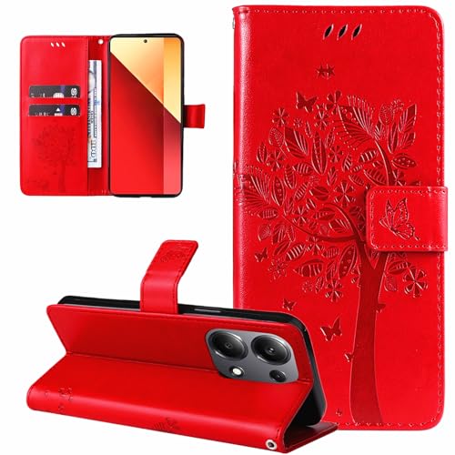 Dcjlbo Hülle für Xiaomi Redmi Note 13 Pro 4G Handyhülle mit Kartenfach Motiv Muster Blumen Hülle Leder Klappbar Klapphülle Cover Flip Case Handytasche Schutzhülle für Redmi Note 13 Pro 4G-Rot von Dcjlbo