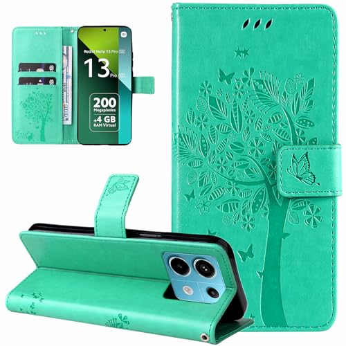 Dcjlbo Hülle für Xiaomi Redmi Note 13 Pro 5G Handyhülle mit Kartenfach Motiv Muster Blumen Hülle Leder Klappbar Klapphülle Cover Flip Case Handytasche Schutzhülle für Redmi Note 13 Pro 5G-Grün von Dcjlbo