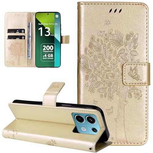 Dcjlbo Hülle für Xiaomi Redmi Note 13 Pro 5G Handyhülle mit Kartenfach Motiv Muster Blumen Hülle Leder Klappbar Klapphülle Cover Flip Case Handytasche Schutzhülle für Redmi Note 13 Pro 5G-Gold von Dcjlbo