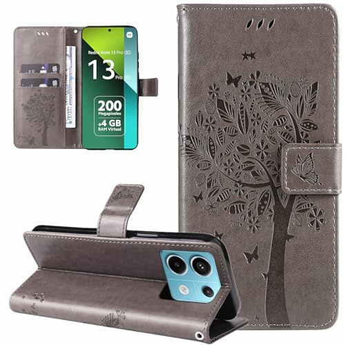 Dcjlbo Hülle für Xiaomi Redmi Note 13 Pro 5G Handyhülle mit Kartenfach Motiv Muster Blumen Hülle Leder Klappbar Klapphülle Cover Flip Case Handytasche Schutzhülle für Redmi Note 13 Pro 5G-Grau von Dcjlbo