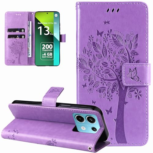 Dcjlbo Hülle für Xiaomi Redmi Note 13 Pro 5G Handyhülle mit Kartenfach Motiv Muster Blumen Hülle Leder Klappbar Klapphülle Cover Flip Case Handytasche Schutzhülle für Redmi Note 13 Pro 5G-Lila von Dcjlbo