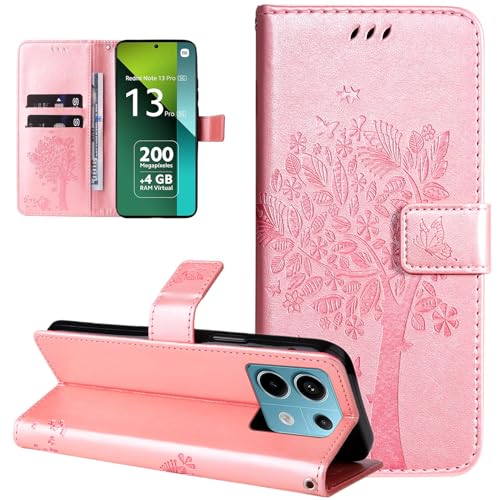 Dcjlbo Hülle für Xiaomi Redmi Note 13 Pro 5G Handyhülle mit Kartenfach Motiv Muster Blumen Hülle Leder Klappbar Klapphülle Cover Flip Case Handytasche Schutzhülle für Redmi Note 13 Pro 5G-Rose Gold von Dcjlbo