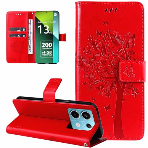 Dcjlbo Hülle für Xiaomi Redmi Note 13 Pro 5G Handyhülle mit Kartenfach Motiv Muster Blumen Hülle Leder Klappbar Klapphülle Cover Flip Case Handytasche Schutzhülle für Redmi Note 13 Pro 5G-Rot von Dcjlbo