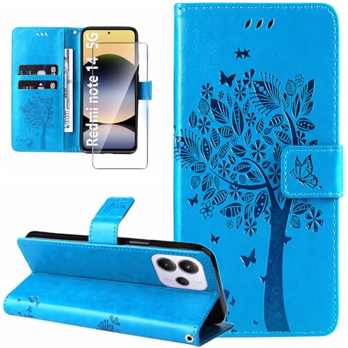 Dcjlbo Hülle für Xiaomi Redmi Note 14 5G Handyhülle mit Schutzfolie Kartenfach Motiv Muster Hülle Leder Klappbar Klapphülle Cover Flip Case Handytasche Schutzhülle für Redmi Note 14 5G-Blau von Dcjlbo