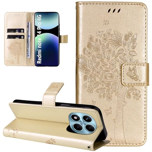 Dcjlbo Hülle für Xiaomi Redmi Note 14 Pro 4G Handyhülle mit Kartenfach Motiv Muster Blumen Hülle Leder Klappbar Klapphülle Cover Flip Case Handytasche Schutzhülle für Redmi Note 14 Pro 4G-Gold von Dcjlbo