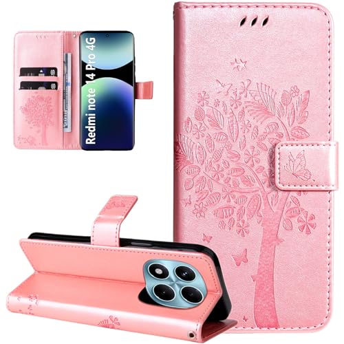 Dcjlbo Hülle für Xiaomi Redmi Note 14 Pro 4G Handyhülle mit Kartenfach Motiv Muster Blumen Leder Klappbar Klapphülle Cover Flip Case Handytasche Schutzhülle für Redmi Note 14 Pro 4G-Rose Gold von Dcjlbo