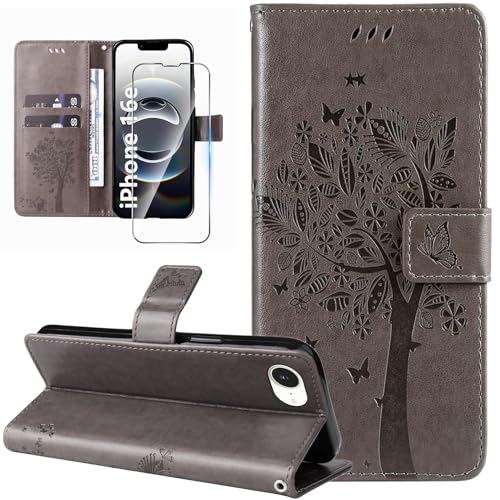 Dcjlbo Hülle für iPhone 16e Handyhülle mit Schutzfolie Kartenfach Motiv Muster Hülle Leder Klappbar Klapphülle Cover Flip Case Handytasche Magnet Schutzhülle für iPhone 16e-Grau von Dcjlbo