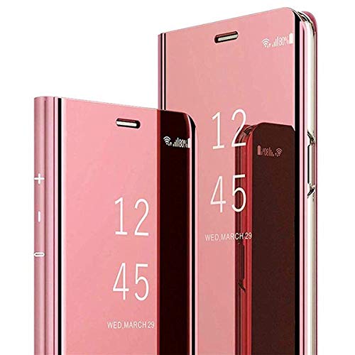 Dclbo Hülle für Huawei P30, Handyhülle Spiegel Schutzhülle Hart PC Plastik Hülle Mirror Flip Case PU Leder Tasche Dünn Standfunktion Klapphülle für Huawei P30-Rose Gold von Dclbo