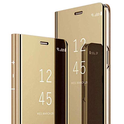 Dclbo Hülle für Huawei P30 Pro, Handyhülle Spiegel Schutzhülle Hart PC Plastik Hülle Mirror Flip Case PU Leder Tasche Dünn Standfunktion Klapphülle für Huawei P30 Pro-Gold von Dclbo