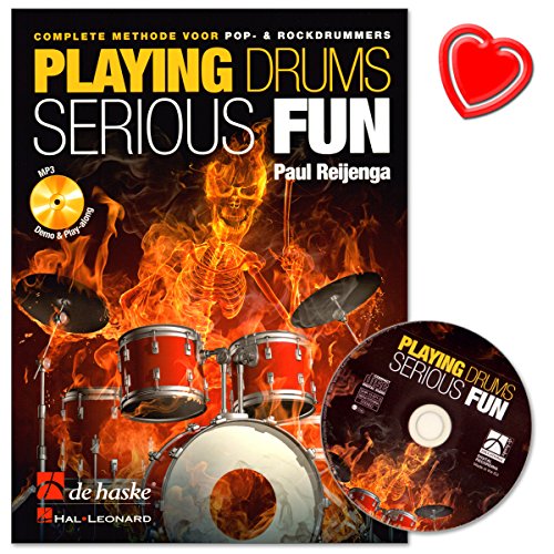 Playing Drums Serious Fun (NL) - Complete methode voor pop- en rockdrummers von Paul Reijenga - mit CD und bunter herzförmiger Notenklammer von De Haske Publications