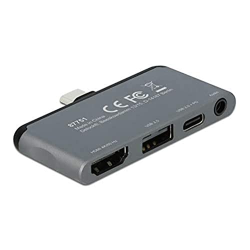 DeLock Mini USB C HUB für iPad Pro, 4 in 1 USB C Adapter mit HDMI 4K 60 Hz, USB C Powe Delivery 2.0 bis 100w, USB 2.0 Port, 3,5 mm Headset Buchse, 87751 von DeLOCK