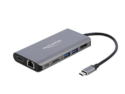 DeLock USB C HUB 7in1 mit HDMI und Displayport 4K, USB 3.0 Hub, PD 3.0 100 Watt, SD/TF Kartenleser und RJ45 Gigabit LAN, 87683 von DeLOCK