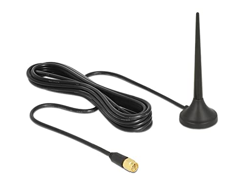 Delock 12416, LTE/GSM/UMTS Antenne SMA Stecker 3 dBi starr omnidirektional mit magnetischem Standfuß und Anschlusskabel RG-174 2 m Outdoor schwarz (Antennengewinn: 3 dBi) von DeLOCK