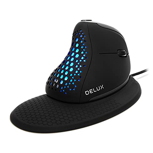 DeLUX Ergonomische Maus mit Kabel, Vertikale Maus mit Daumenrad, RGB-Licht, Magnetisch Abnehmbarer Handgelenkstütze und Rückenabdeckung, 4000DPI, Programmierbare, Stummes Klicken (M618XSU) von DeLUX