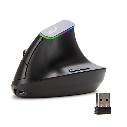 Delux Ergonomische Maus Kabellos, Wiederaufladbar Vertikale Maus, Stummes Klicken, 2.4G, 6 Tasten, 1600DPI, für Karpaltunnel, Handgelenks- und Handstrapazen, für Computer/Laptop/PC (M618DB-Schwarz) von DeLUX