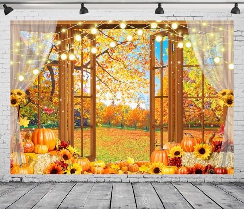 DePhoto Hintergrund für Fenster, Wald, Kürbis, Sonnenblume, Heuhaufen, farbige Laternen, Hintergrund für Baby, Geburtstag, Erntedankfest, Dekoration, Vinyl, 2,8 x 1,5 m DePhoto Hintergrund für Fenster, Wald, Kürbis, Sonnenblume, Heuhaufen, farbige Laternen, Hintergrund für Baby, Geburtstag, Erntedankfest, Dekoration, Vinyl, 2,8 x 1,5 m von DePhoto