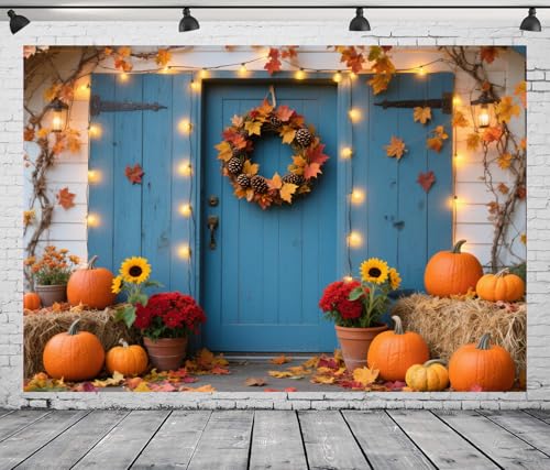 DePhoto Hintergrund für Herbst-Kürbisernte, blaue Scheunentür-Hintergrund, Lichtpfosten, Ahornblätter, Heuhaufen, weiße Ziegelmauer für Thanksgiving, Party-Dekorationen, Vinyl DePhoto Hintergrund für Herbst-Kürbisernte, blaue Scheunentür-Hintergrund, Lichtpfosten, Ahornblätter, Heuhaufen, weiße Ziegelmauer für Thanksgiving, Party-Dekorationen, Vinyl von DePhoto