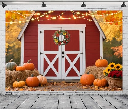 DePhoto Hintergrund für Herbst-Kürbisernte, rote Scheunentür-Hintergrund, Lichtpfosten, Ahornblätter, Heuhaufen für Thanksgiving, Party-Dekorationen, Vinyl, 2,8 x 1,5 m DePhoto Hintergrund für Herbst-Kürbisernte, rote Scheunentür-Hintergrund, Lichtpfosten, Ahornblätter, Heuhaufen für Thanksgiving, Party-Dekorationen, Vinyl, 2,8 x 1,5 m von DePhoto