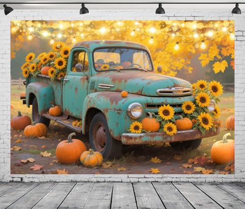 DePhoto Hintergrund mit Sonnenblumen und Kürbissen für den Herbst, 2,8 x 1,5 m, für Baby-Geburtstag, Erntedankfest, Dekoration, Vinyl DePhoto Hintergrund mit Sonnenblumen und Kürbissen für den Herbst, 2,8 x 1,5 m, für Baby-Geburtstag, Erntedankfest, Dekoration, Vinyl von DePhoto