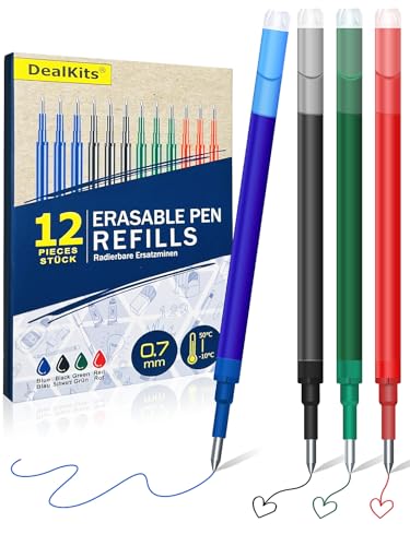 12x Radierbare Ersatzminen, DealKits 0.7mm Gelschreibermine Kompatibel mit Pilot FriXion Ball & Clicker & Eberhard Faber, Ersatzmine für Gelstift Radierbar, 400m Schreiblänge, BlauSchwarzRotGrün von DealKits