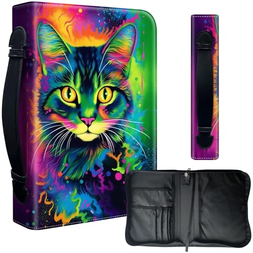 Bibelhülle aus PU-Leder für Damen, Leder-Bibeltragetasche für Männer, Kirchentasche, große schützende Bibelhülle für den täglichen Lerngebrauch, bunte Katze und Kätzchen von Decahouy
